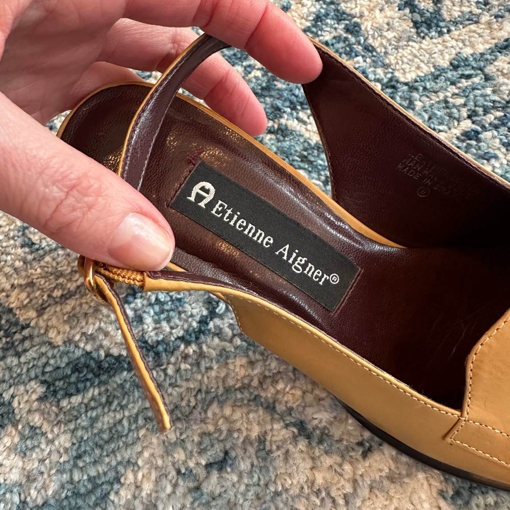 Etienne Aigner Vintage Leather Slingback Block Heeled Camel Tan Loafers Size 6.5 - Picture 2 of 4